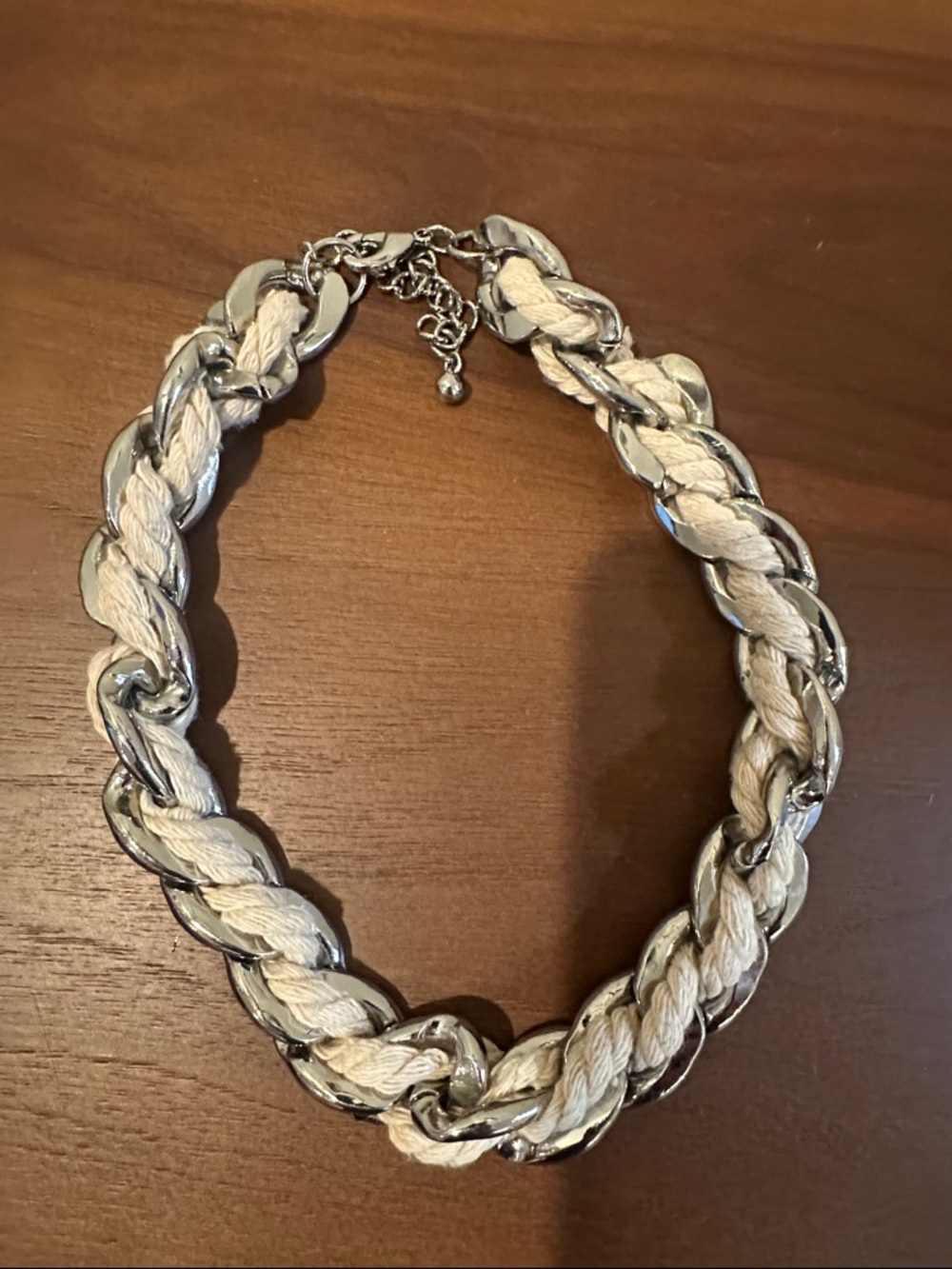 Cream Braided Rope Necklace with Silver-Tone Links